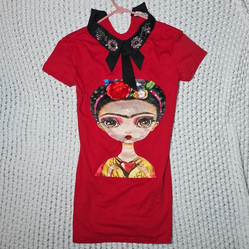 Girls Red Short-Sleeve Dress with Frida Art Designed In Italy